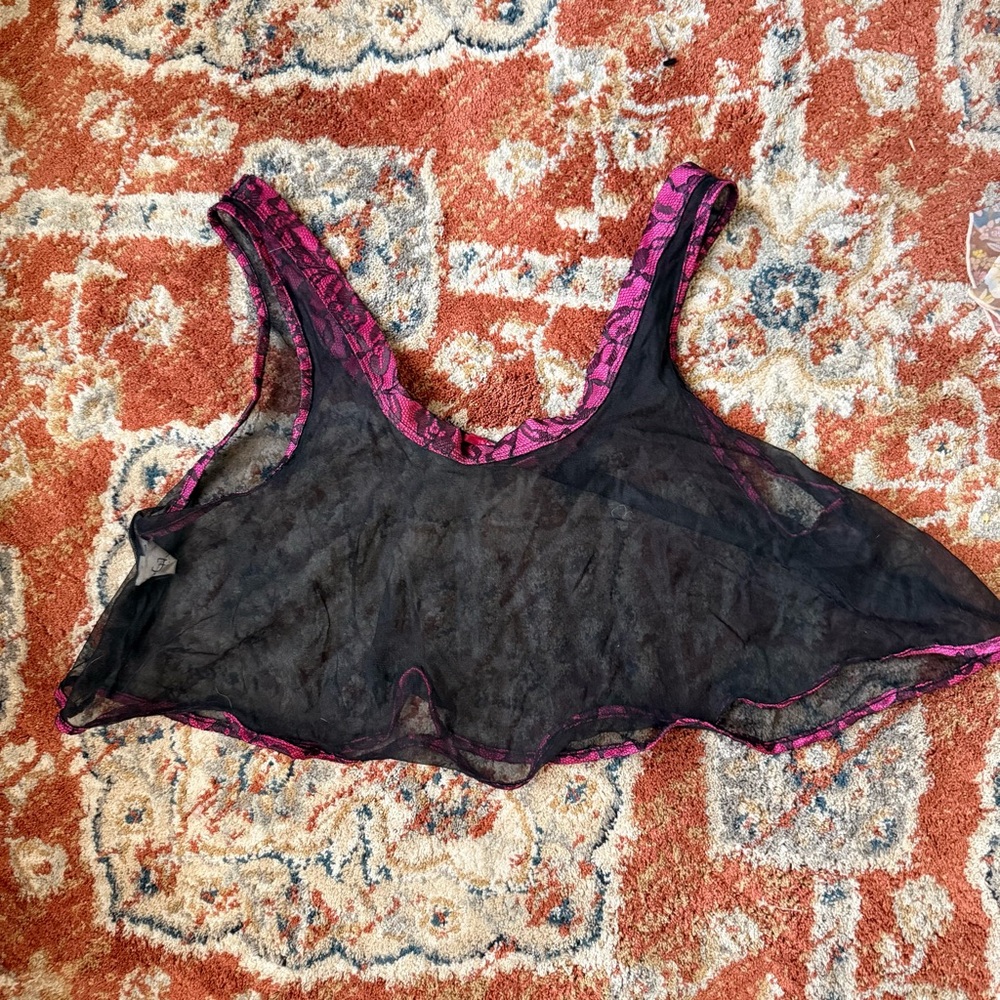 Vintage Sheer Black and Pink Lace Sleepwear Top